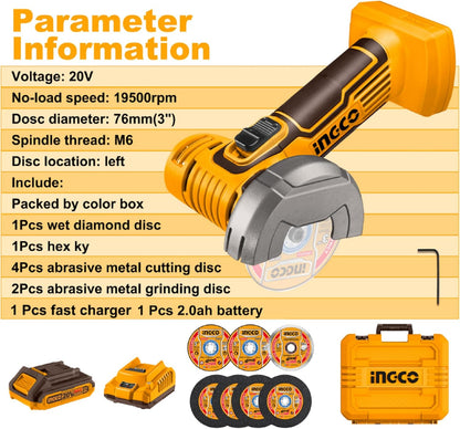 INGCO 20V Cordless Mini Angle Grinder 19500RPM, 76mm Disc Diameter, Mini Cutter Cut-Off Tool M6 with 1Pcs 2.0Ah Battery and Charger for Cutting Polishing and Sharpening CAGLI76012