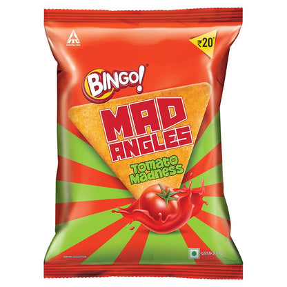 Bingo! Mad Angles Tomato Madness | Tangy & Crispy Tomato Flavoured Corn-Based Triangle Chips| Pack for Snacks - 64g/60g( weight May Vary)
