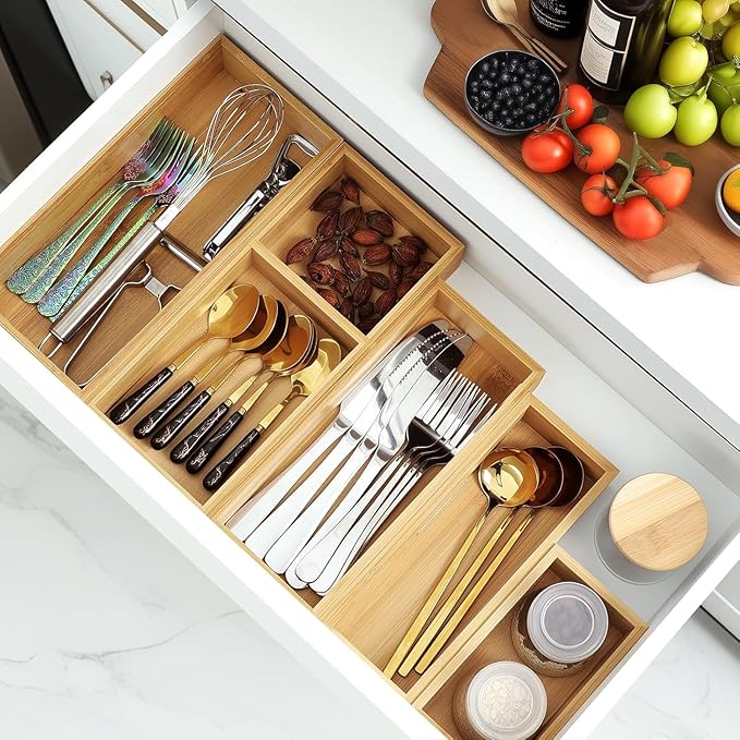 Udaipur Handicrafts Solid Wood Drawer Organizer Set, 5 PCS Multi-Use Wooden Storage Organizers, Drawer Divider and Storage Trays for Kitchen, Makeup, Jewelry, Utensils