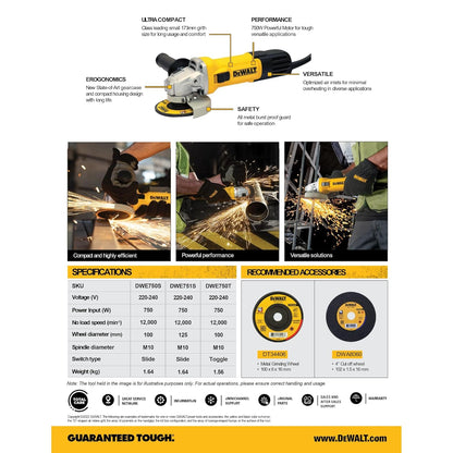 DEWALT DWE750T-IN,750Watt, 4" (100mm) Ultra SLIM Heavy Duty Angle Grinder Engineered For Heavy Duty Applications with Spindle Lock and Toggle Switch, 2 Year Manufacturer Warranty(SIDE HANDLE INCLUDED)