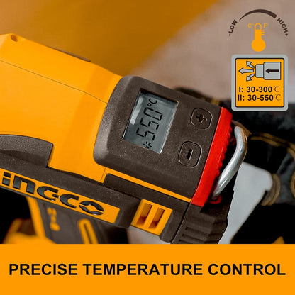 INGCO 20V Cordless Hot Air Gun Max 1022°F (550°C), 100/200 L/min, Adjustable Temperature with LCD Display, with 1Pcs 5.0Ah Battery and Charger HGLI20035
