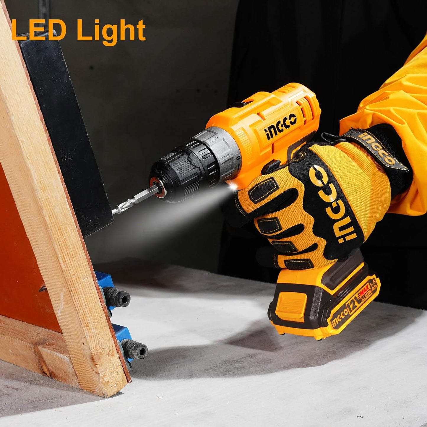 Ingco 12V Cordless Drill With 2 Pcs Batteryies, Charger, Plastic Chuck, 1 Pcs Drill Bit, 25Nm, 1500 Rpm, 0.8-10Mm, 5+1 Torque, Variable Speed, Led, Yellow,Brown