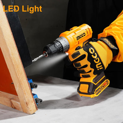 Ingco 12V Cordless Drill With 2 Pcs Batteryies, Charger, Plastic Chuck, 1 Pcs Drill Bit, 25Nm, 1500 Rpm, 0.8-10Mm, 5+1 Torque, Variable Speed, Led, Yellow,Brown