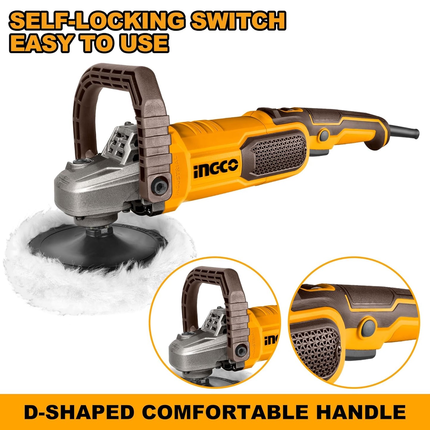 INGCO Polisher, 1400 W, 7 Variable Speed, 1500-3600 RPM, Comfortable Handle, for Home Appliance, Furniture, Car Buffer