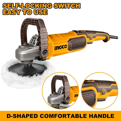 INGCO 1400W Corded Electric Polisher 180mm, 7 Variable Speed, 1500-3600RPM, Comfortable Handle for Car Detailing Polish Buffing Sanding DIY