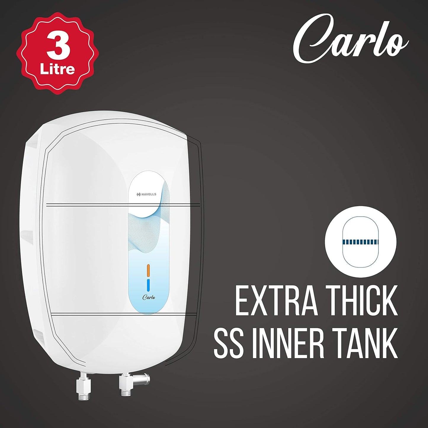Havells Carlo 3 Litre Instant Water Heater (White Blue), Vertical Mounting