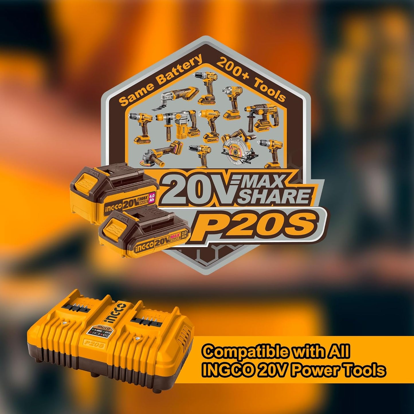INGCO 20V Battery Charger, Accepts up to 2pcs P20S Battery Packs, Dual Active Battery Ports for simultaneously Charging