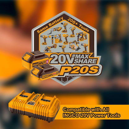 INGCO 20V Battery Charger, Accepts up to 2pcs P20S Battery Packs, Dual Active Battery Ports for simultaneously Charging