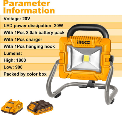 INGCO 20V Lithium-ion LED Work Light 20W Portable Jobsite Light 1800Lm Max, Construction site Floodlight 2 Settings 360° Adjustable with Battery and Charger for Auto-Repair, Camping CWLI20258