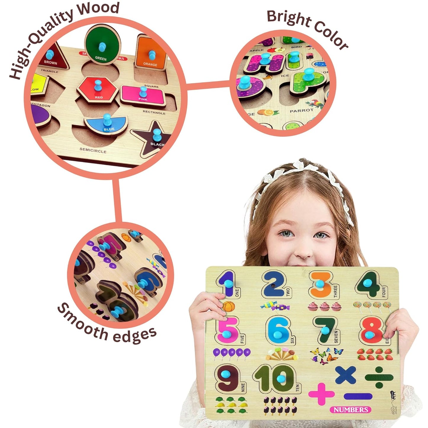 Udaipur HandiCrafts Wooden Learning Educational Game Board for Kids, Puzzle Toys for 2 Years Old Boys & Girls (Alphabets, Numbers & Shapes)