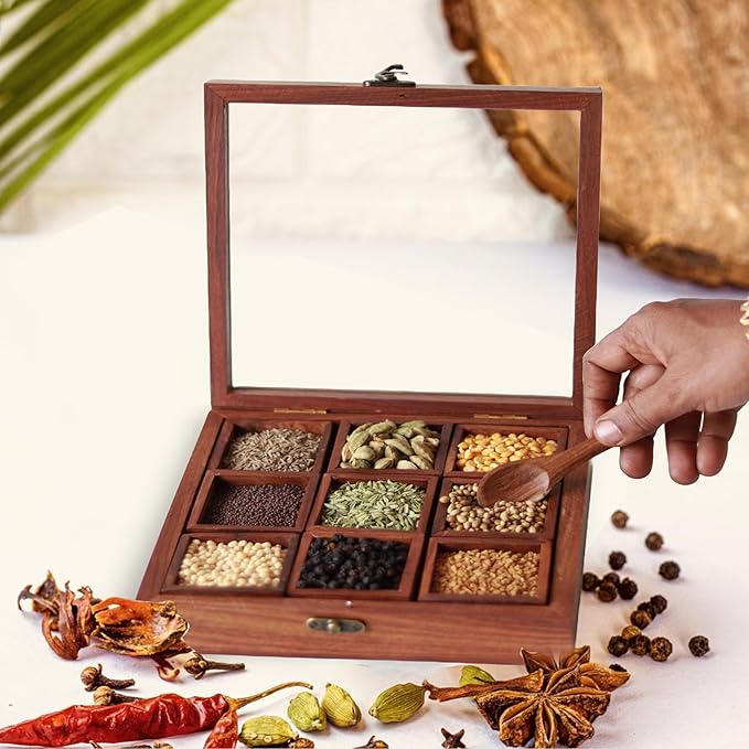 Udaipur Handicrafts Wooden Masala Dabba Spice Containers for Kitchen Storage Spice Box with Spoon Masala Box/Ajaria Petti/Nama Dani (Sheesham Wood, 9-Removable Partitions, Brown)