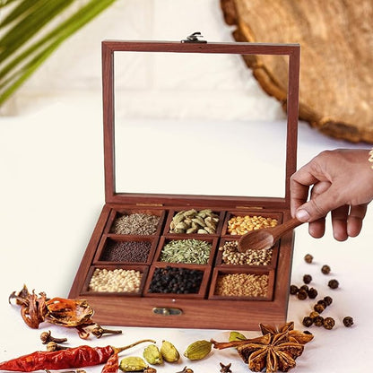 Udaipur Handicrafts Wooden Masala Dabba Spice Containers for Kitchen Storage Spice Box with Spoon Masala Box/Ajaria Petti/Nama Dani (Sheesham Wood, 9-Removable Partitions, Brown)