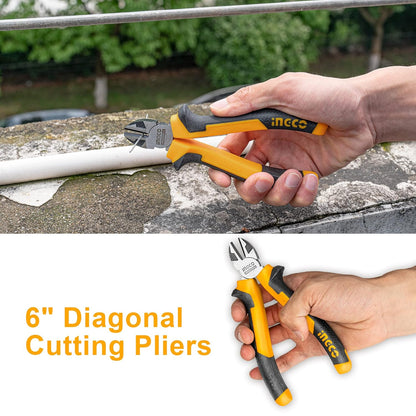 INGCO Plier Set, 3 pcs, Include 8" Combination Pliers, 6" Nose Plier, 6" Diagonal Cutting Plier, Cr-V, Black Finish and Polish, INGCO Tools Design Handle