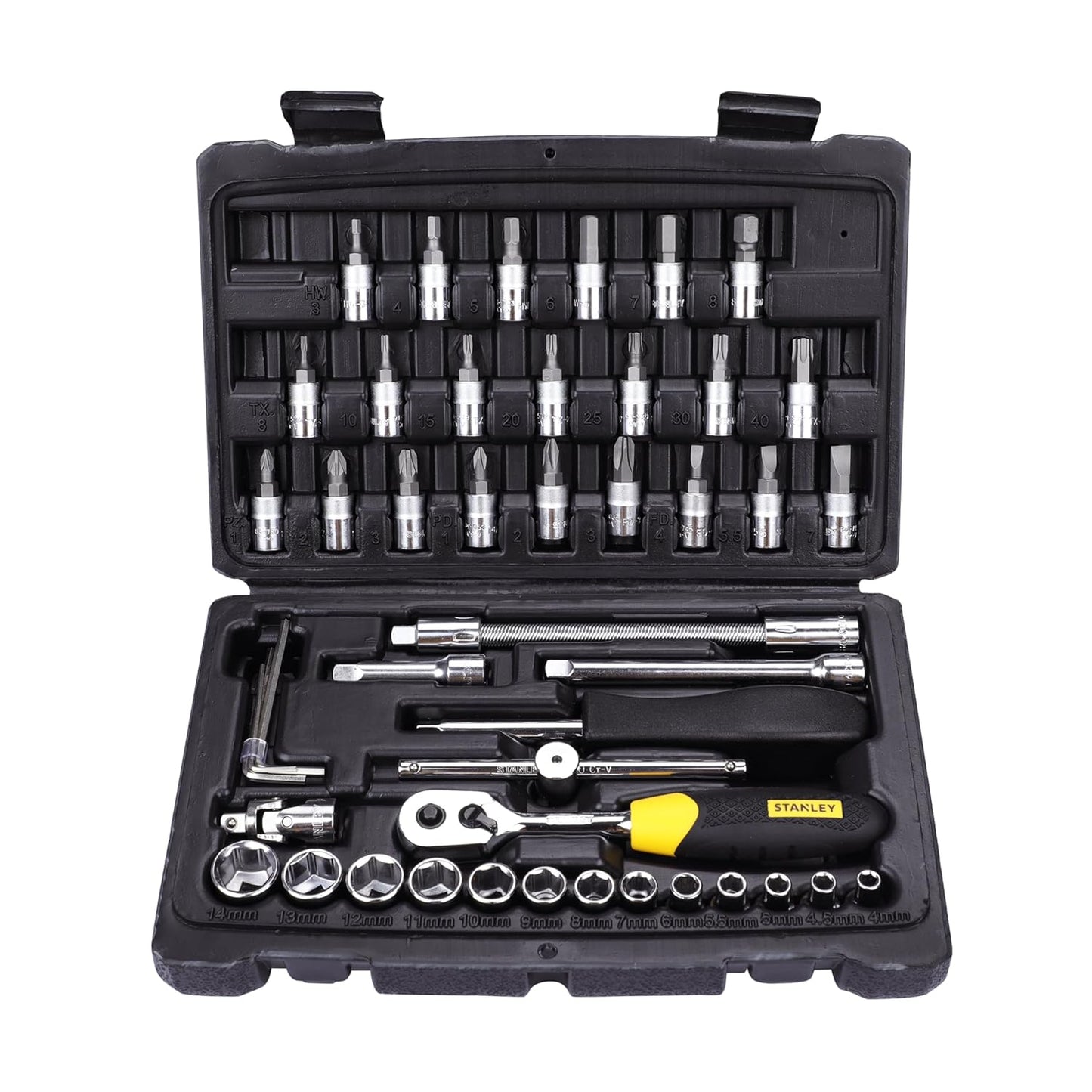 STANLEY STMT72794-8 1/4'' 46-PIECE Square Drive Metric Socket & Bit Set, Made with Double Nickel Chromium Alloy Coated Tip, Maxi-Drive™ Design Provides 15% More Torque than Standard Sockets, BLACK