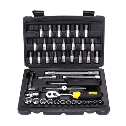 STANLEY STMT72794-8 1/4'' 46-PIECE Square Drive Metric Socket & Bit Set, Made with Double Nickel Chromium Alloy Coated Tip, Maxi-Drive™ Design Provides 15% More Torque than Standard Sockets, BLACK