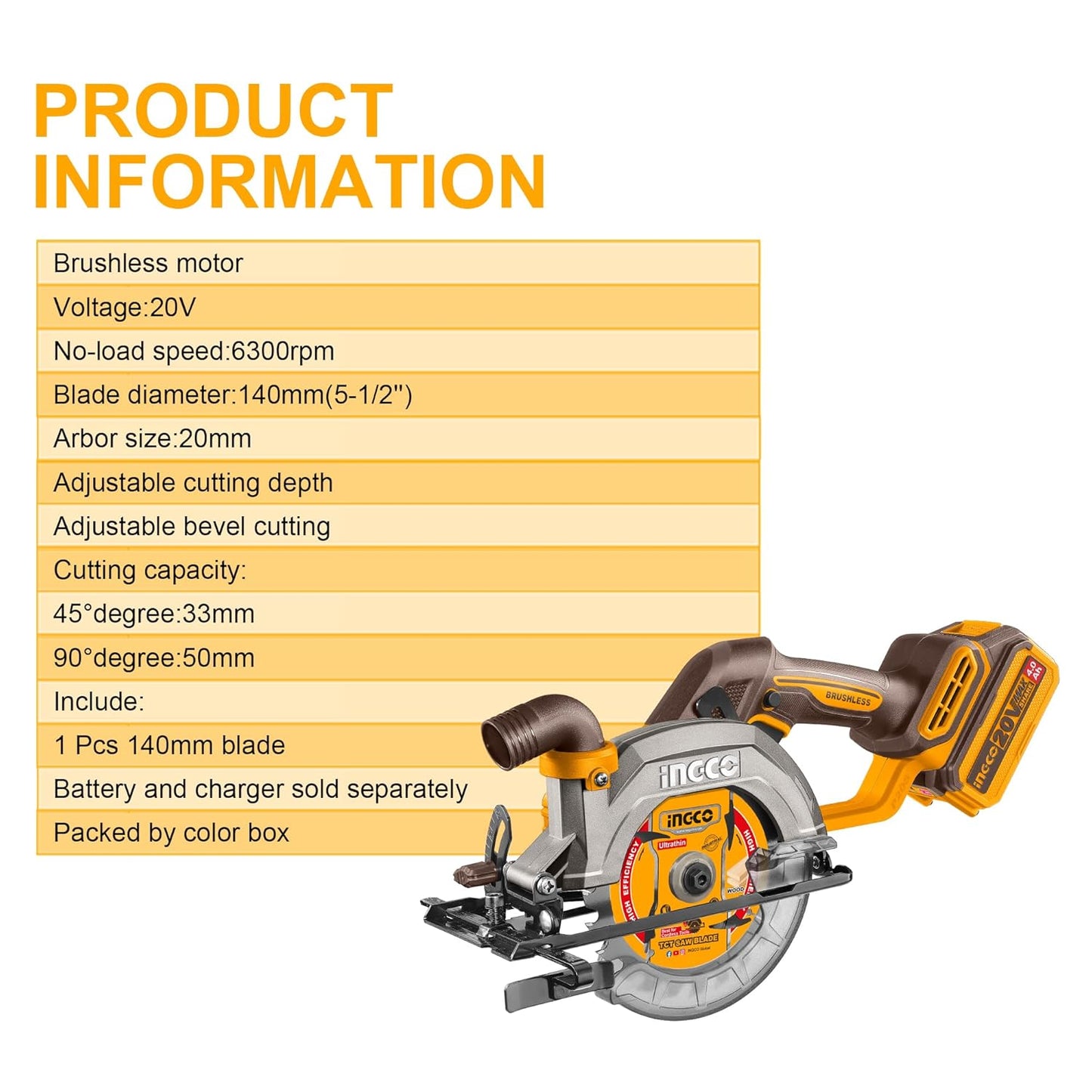 INGCO 20V Cordless Circular Saw (Body Only) 140mm, Brushless Motor, 6300RPM Max. Cutting Depth 50mm (90°) Electric Circular Saw, 20mm Arbor CSLI1402