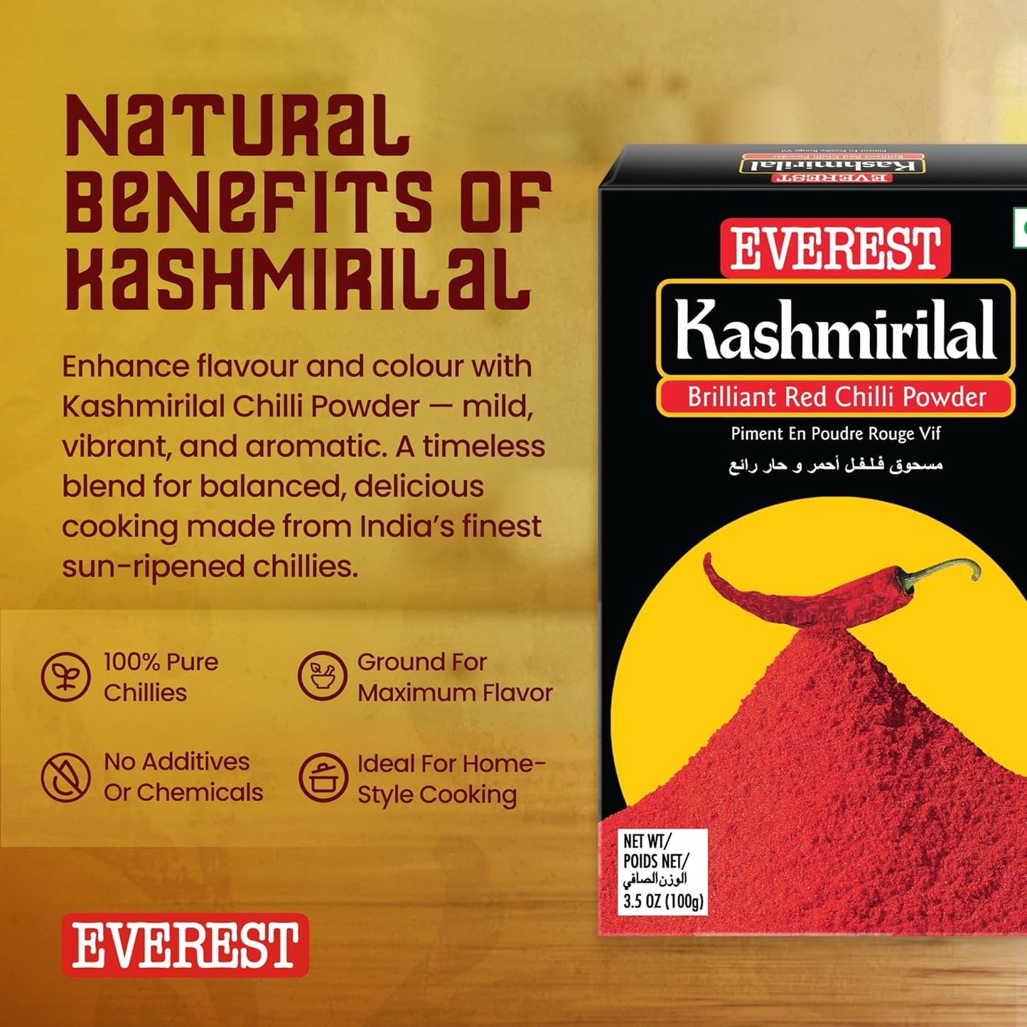 Everest Kashmirilal Brilliant Red Chilli Powder - 100gm | Kashmiri Lal Mirch with Mild Heat & Vibrant Deep Red Colour | Fine-Ground, Flavourful Red Chilli Powder for Everyday Indian Cooking
