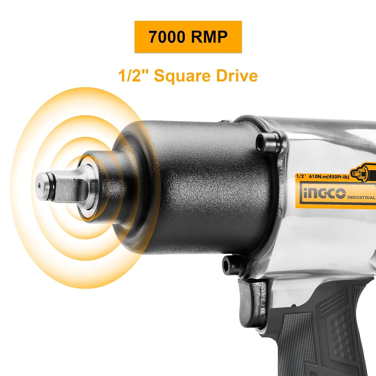Ingco Air Impact Wrench, 7000 Rpm | 610Nm | 2 Hammer Mechanism, Pneumatic Impact Wrench Tool Kit With 3 Pcs Socket, 5 Type Connector - Box End