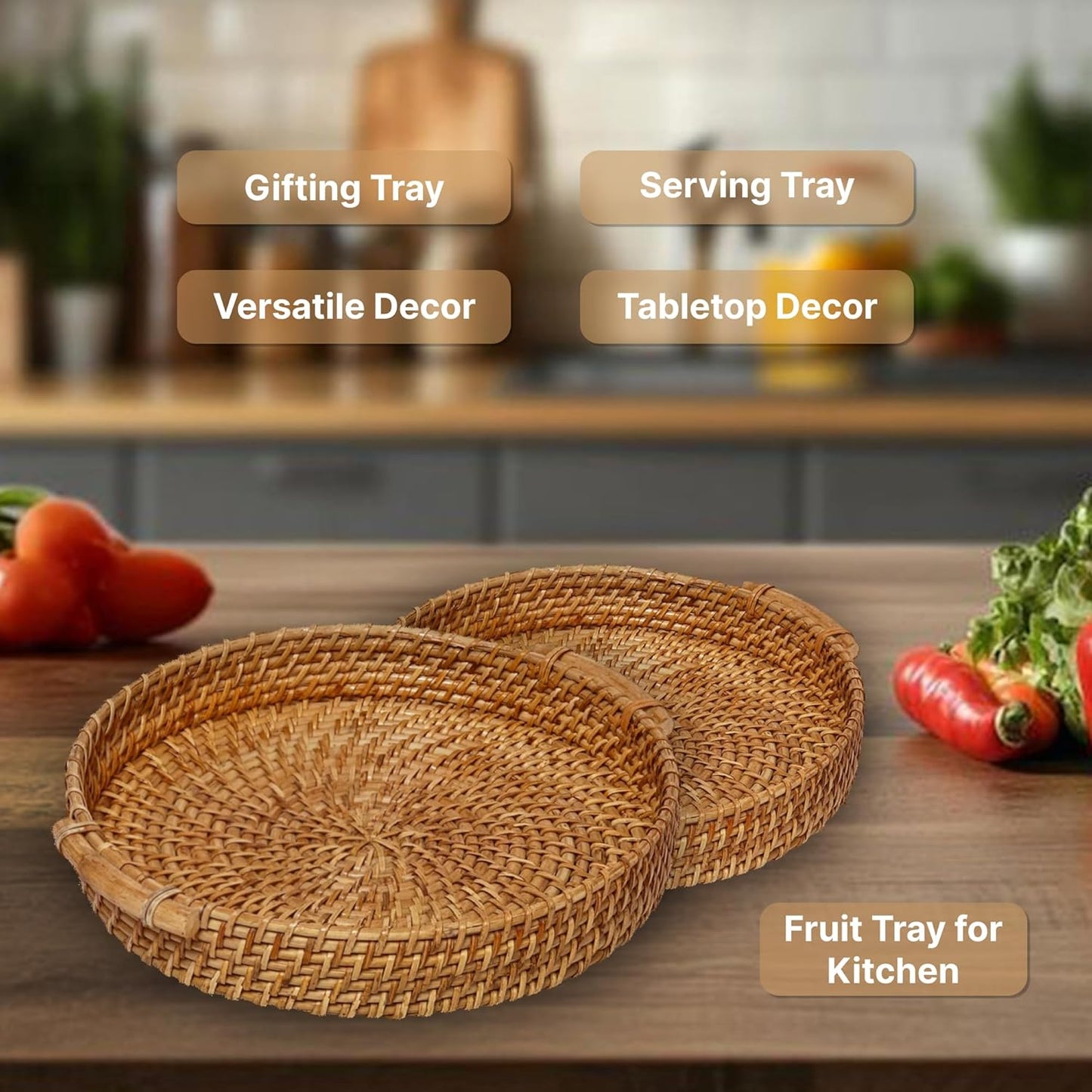 UdrCrafts®  All the Cultures Fabricating India Bamboo Cane Serving Tray | Serveware for Dining Table | Rattan Tea Tray | Wooden Trays for Decoration - Round, Brown (Dia-31 x H8 cm)
