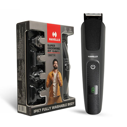 Havells Super Grooming Kit Gs8714,15 In 1,Ipx7 Fully Washable,Full Body Hair Trimmer Groomer For Men,120 Min Of Run Time With Fast Charge,Corded Electric