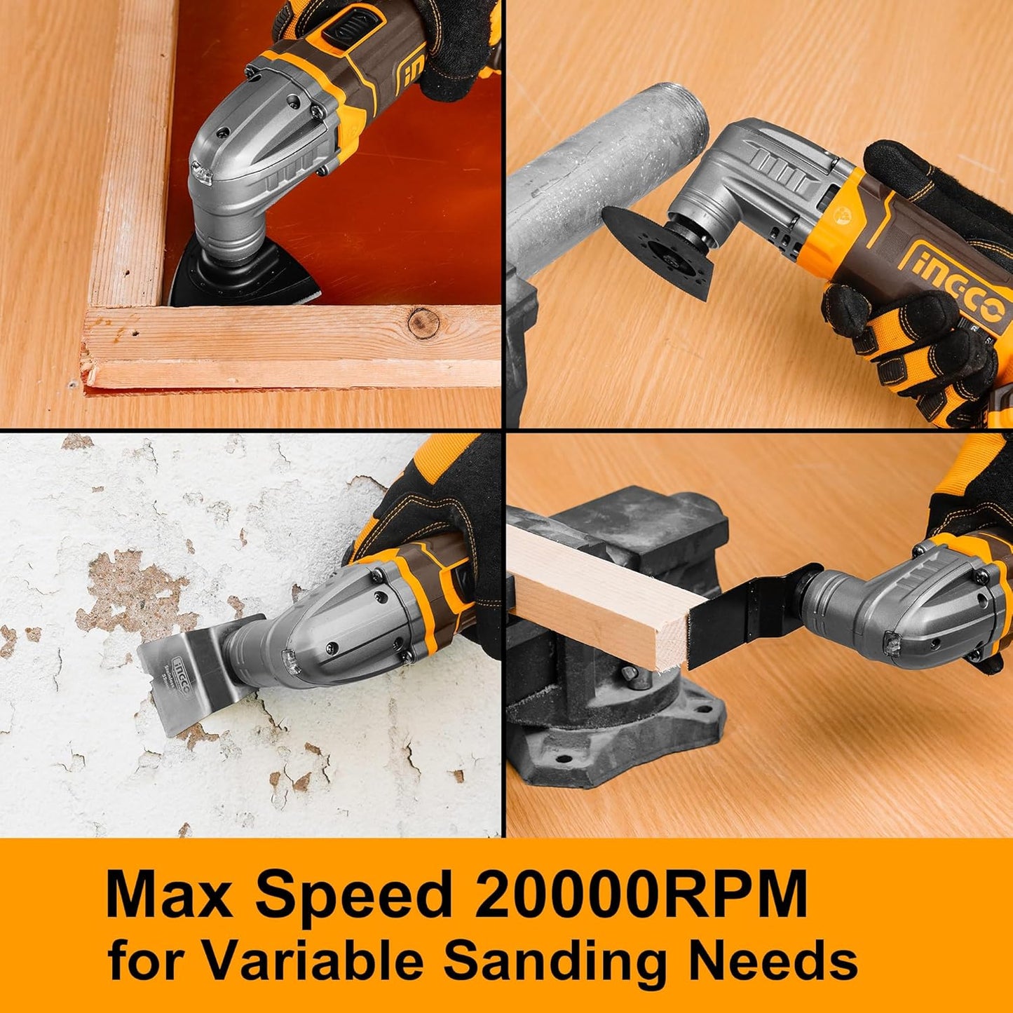 INGCO Cordless Multi Tool with 1pcs 2.0Ah Battery and Charger, 5000-20000 RPM, 6 Variable Speed,3.2° Oscillation Angle, 20V Oscillating Multi-Tool for Sawing, Cutting, Sanding CMLI20228