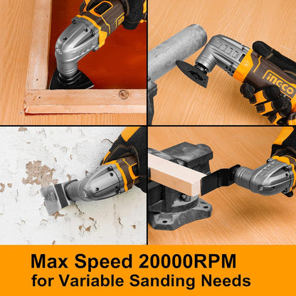 INGCO Cordless Multi Tool with 1pcs 2.0Ah Battery and Charger, 5000-20000 RPM, 6 Variable Speed,3.2° Oscillation Angle, 20V Oscillating Multi-Tool for Sawing, Cutting, Sanding CMLI20228