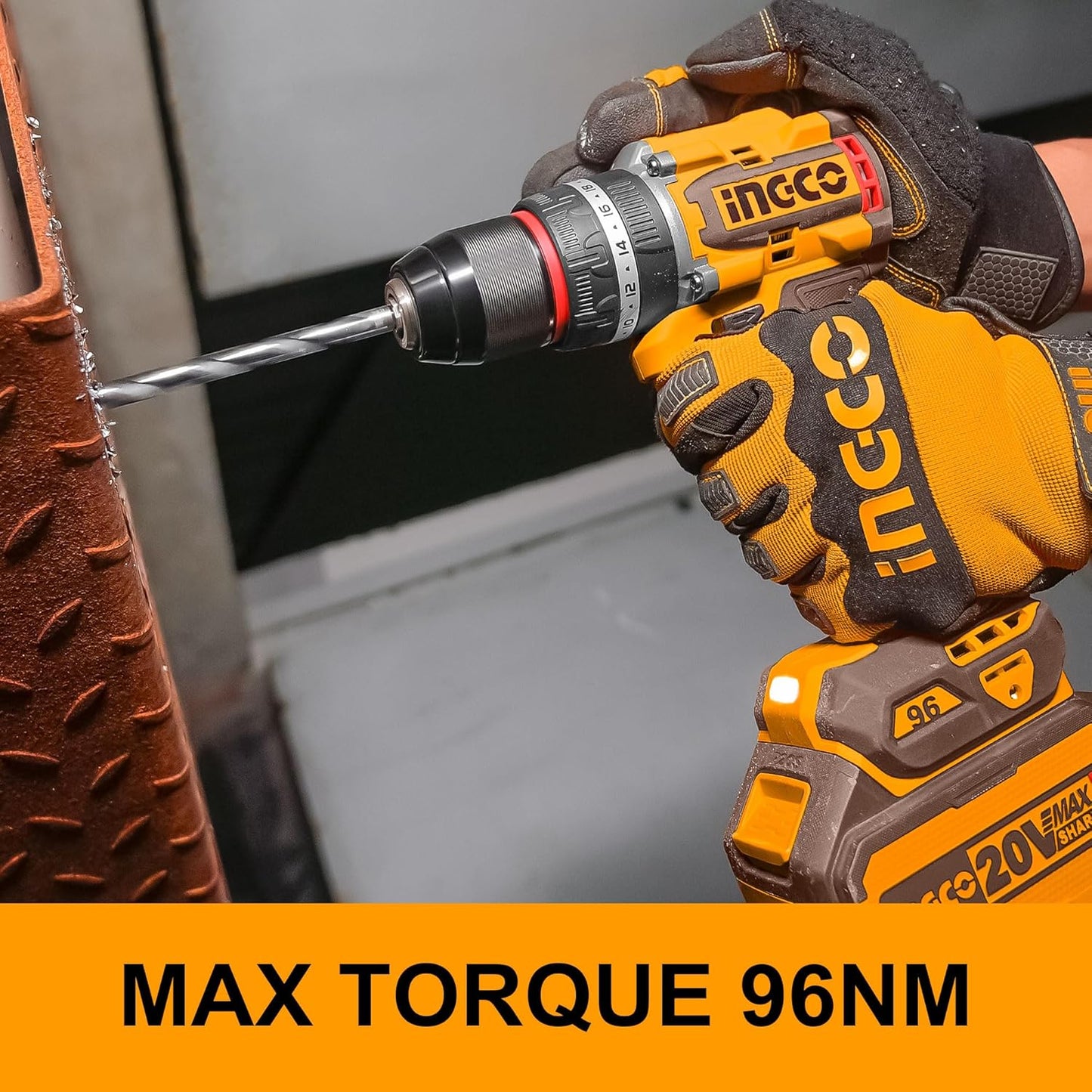 INGCO Cordless Impact Drill 96NM, 20V Brushless Combi Drill, 13mm Chuck, 22+1+1 Torque, 2 Speed, LED Work Light with 2Pcs 4.0Ah Battery And 1Pcs Charger Perfect for Home, Garden DIY Project