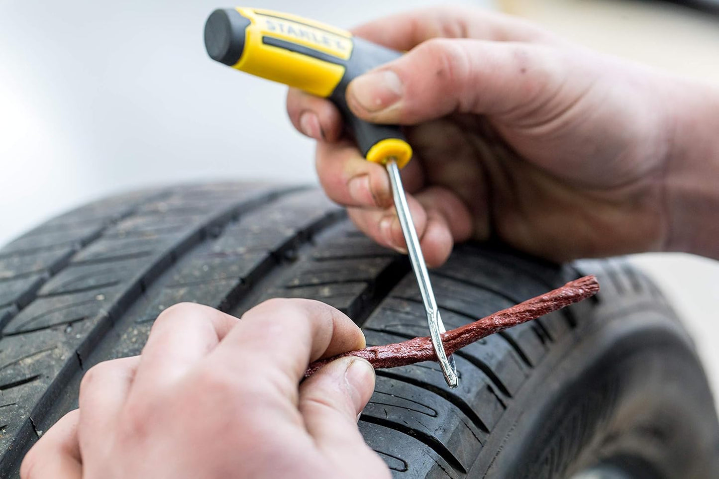 STANLEY STHT80891-0 Flat Tubeless Tyre Repair Kit for Cars and Bikes, Easily Fix Punctures WITHOUT Removing Tire from Rim, Comes with Reamer & Plugger Tool and 5 Plugs, Yellow and Black