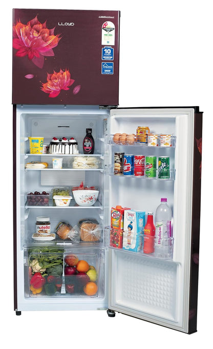 Havells-Lloyd Refrigerator Double Door 283L 2Star Inverter Sakura Red Toughened Glass/3N GLFF292ASRT1PB, Free 1 Year Extended warranty