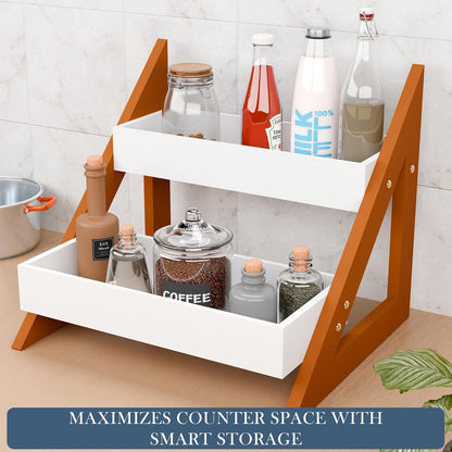 Udaipur Handicrafts Wooden Triangular Spice Rack for Kitchen Countertop Organizer | Multipurpose Jars, Bottle Holder & Home Decor Item | Standing Shelf Aesthetic Pot Stand | White