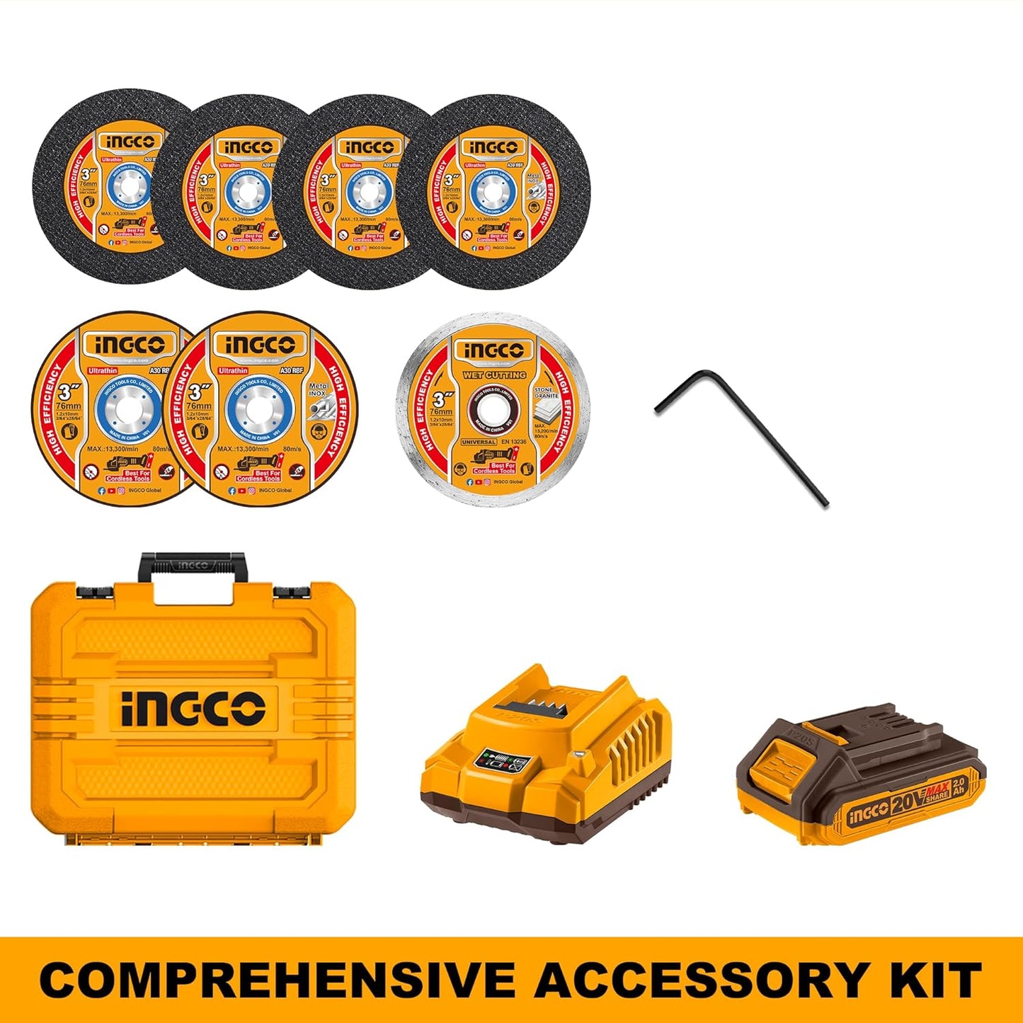 INGCO Cordless Mini Angle Grinder, 19500 RPM, 3 Inch Disc Diameter, M6, With Battery & Charger & 6 pcs Discs