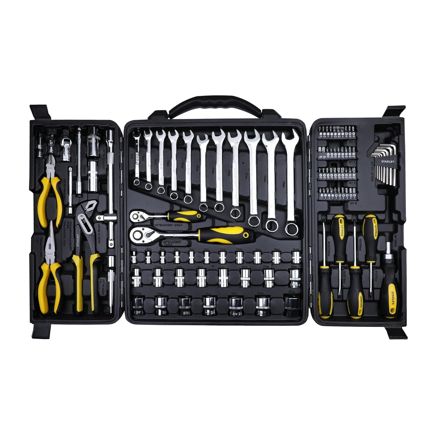 STANLEY STMT81243 110-Piece High Quality Multi-Toolkit containing Pliers, Spanners, Drivers, Sockets, Bits, Wrenches & Ratchets for Home, DIY & Professional Use, 1 Year Warranty, Yellow & Black