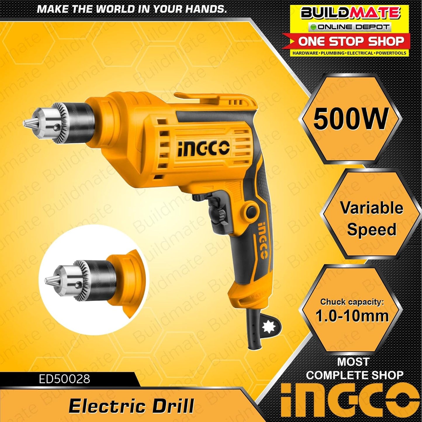 Ingco 500W 10 mm Capacity Variable Speed Impact Drill (ED50028)