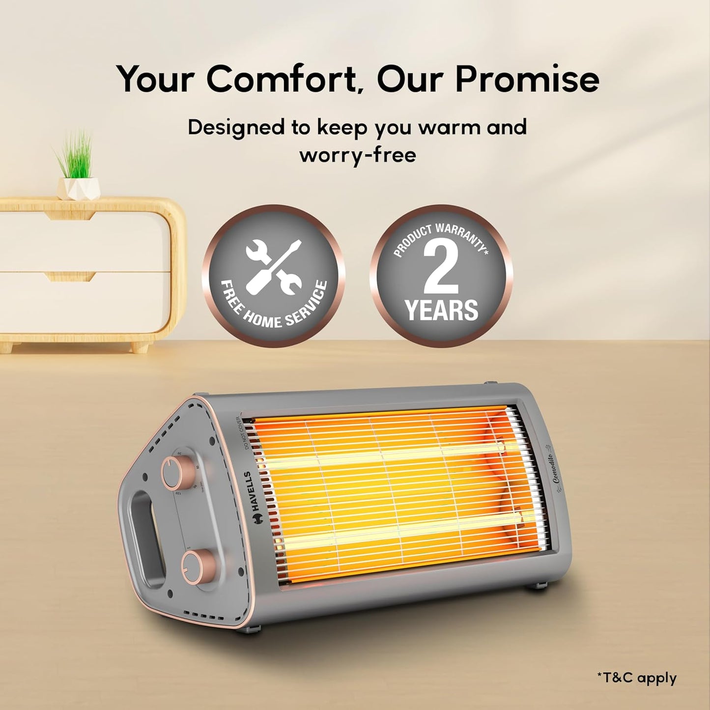 Havells Comodito 900 Watt Room Heater | Safety Grill, 120 Minute Sleep Timer Control knob | Rust Free Stainless Steal Reflector, Carbon Fiber Rods, Power Off & Heat Setting | (Pack of 1, Grey)