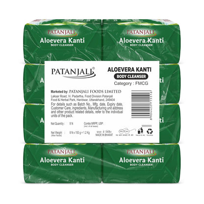 Patanjali Aloe Vera Kanti Body Cleanser Soap for Men and Women(150g, Pack of 8), Nourishing & Moisturizing, Natural Aloe Vera Soap for Soft Skin