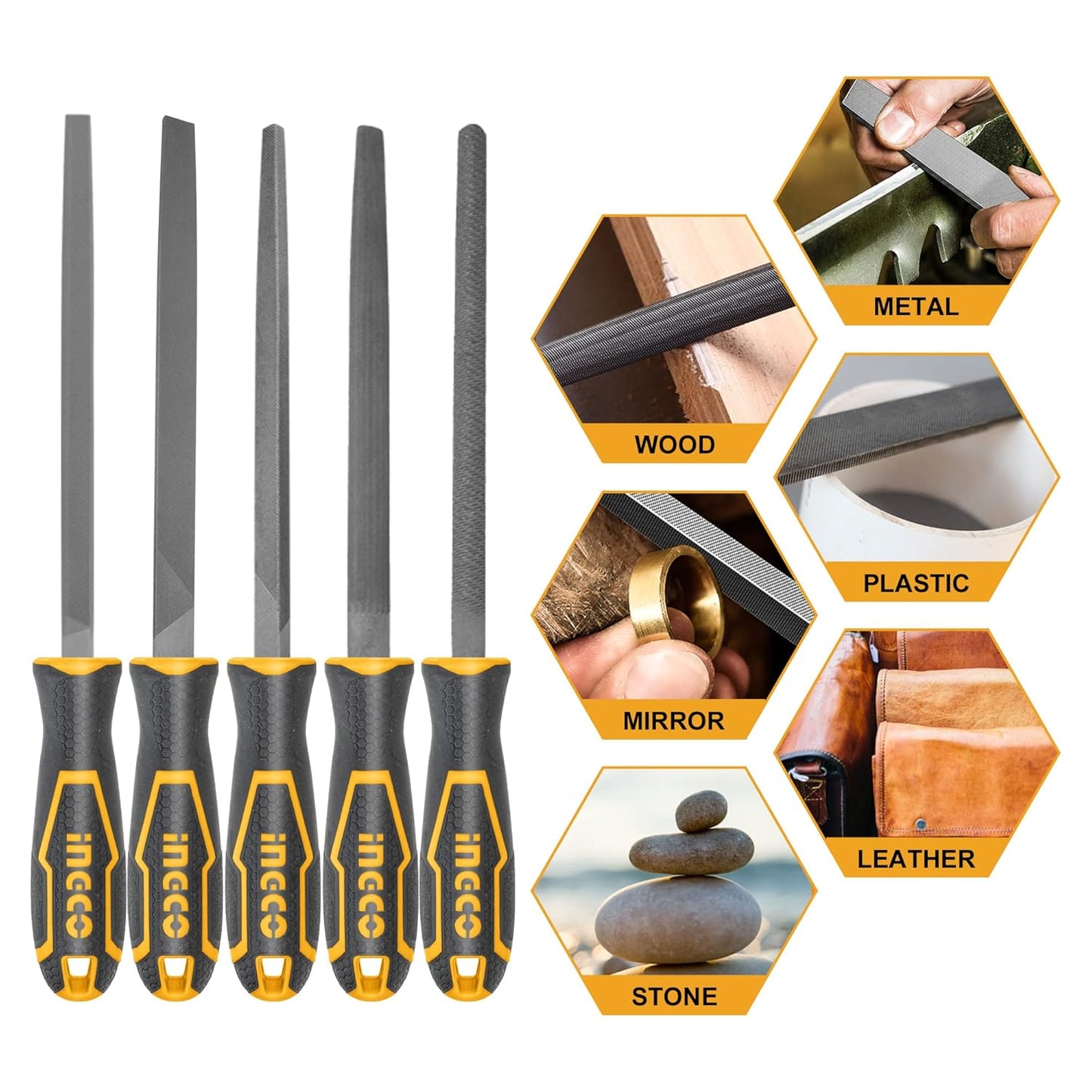 INGCO Steel File Set, 5 Pieces Hand Metal Files, Premium Grade T12 Steel File Set, Includes Flat, Square, Triangular, Round, and Half-Round File