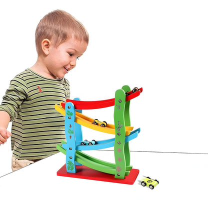 UdrCrafts® Wooden Ramp Race Track Set for Kids, Multilevel Twister Track Toy Set with Four Cars, Fun Playing Smooth Racing Car Slider Toy for Kids, Multicolor, 3+ Years (Pack of 1)