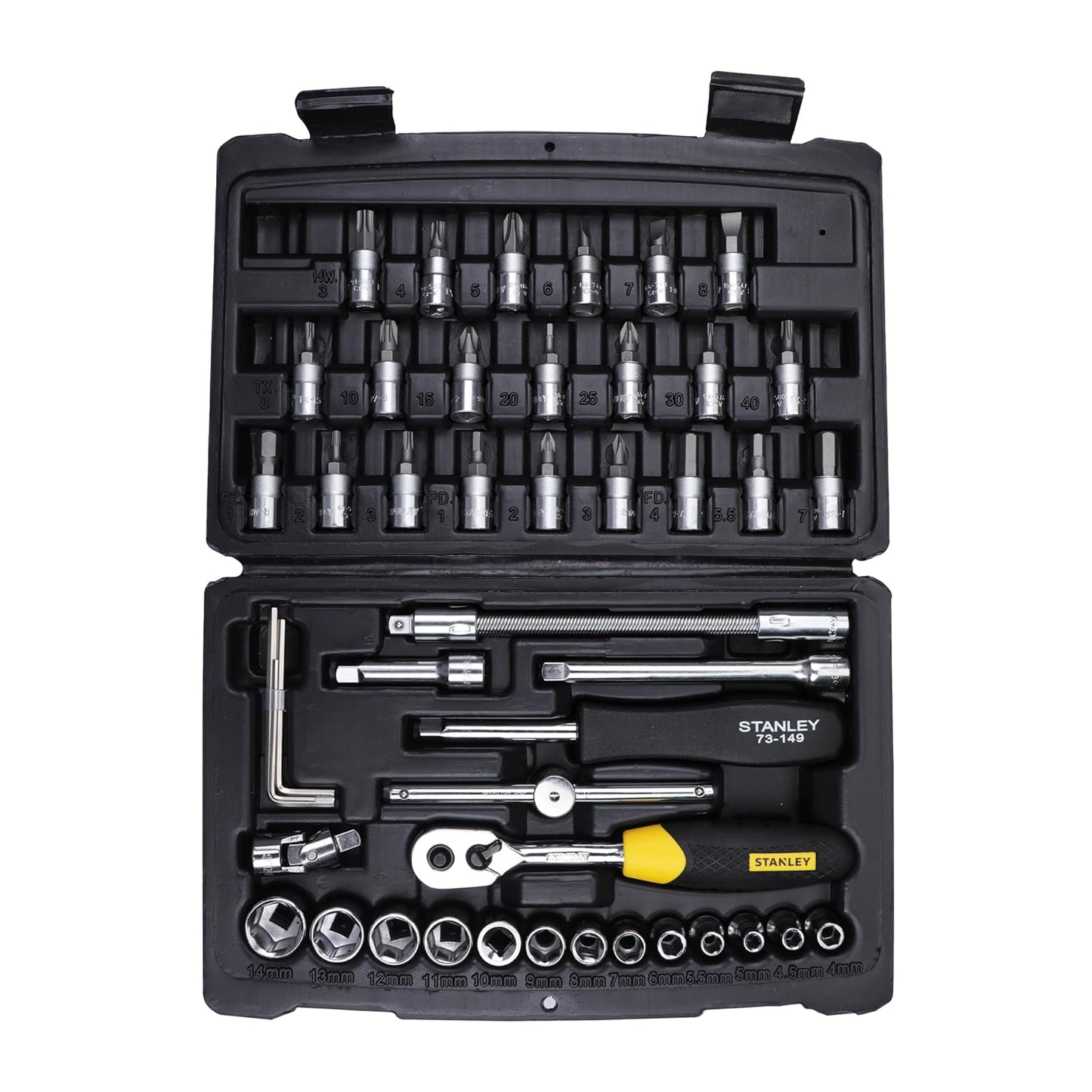 STANLEY STMT72794-8 1/4'' 46-PIECE Square Drive Metric Socket & Bit Set, Made with Double Nickel Chromium Alloy Coated Tip, Maxi-Drive™ Design Provides 15% More Torque than Standard Sockets, BLACK