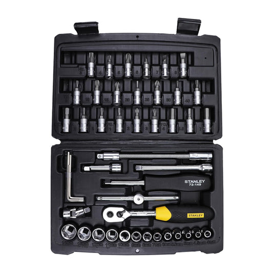 STANLEY STMT72794-8 1/4'' 46-PIECE Square Drive Metric Socket & Bit Set, Made with Double Nickel Chromium Alloy Coated Tip, Maxi-Drive™ Design Provides 15% More Torque than Standard Sockets, BLACK