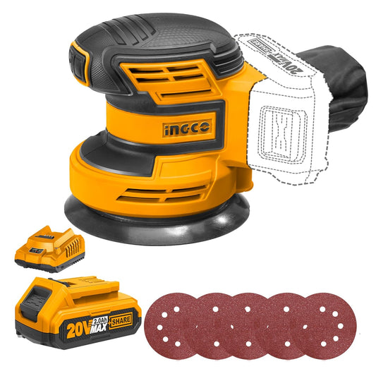INGCO Cordless Random Orbital Sander, 10000 rpm, Bottom size: 125mm, With 1pcs 2.0Ah Battery and Charger, With 5 PCS sand paper