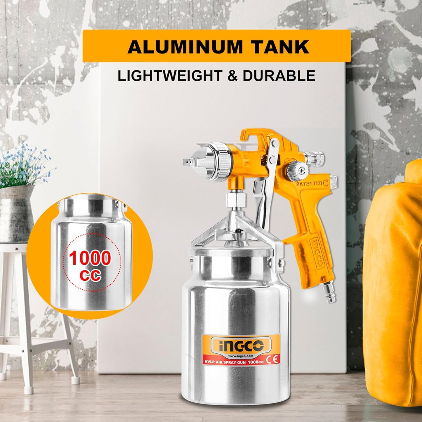 INGCO HVLP Air Spray Gun, Paint Spray Machine,1000 ml Capacity, 2.5-3.5 Bar Pressure, Suitable for Base Coat