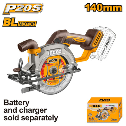 INGCO 20V Cordless Circular Saw (Body Only) 140mm, Brushless Motor, 6300RPM Max. Cutting Depth 50mm (90°) Electric Circular Saw, 20mm Arbor CSLI1402