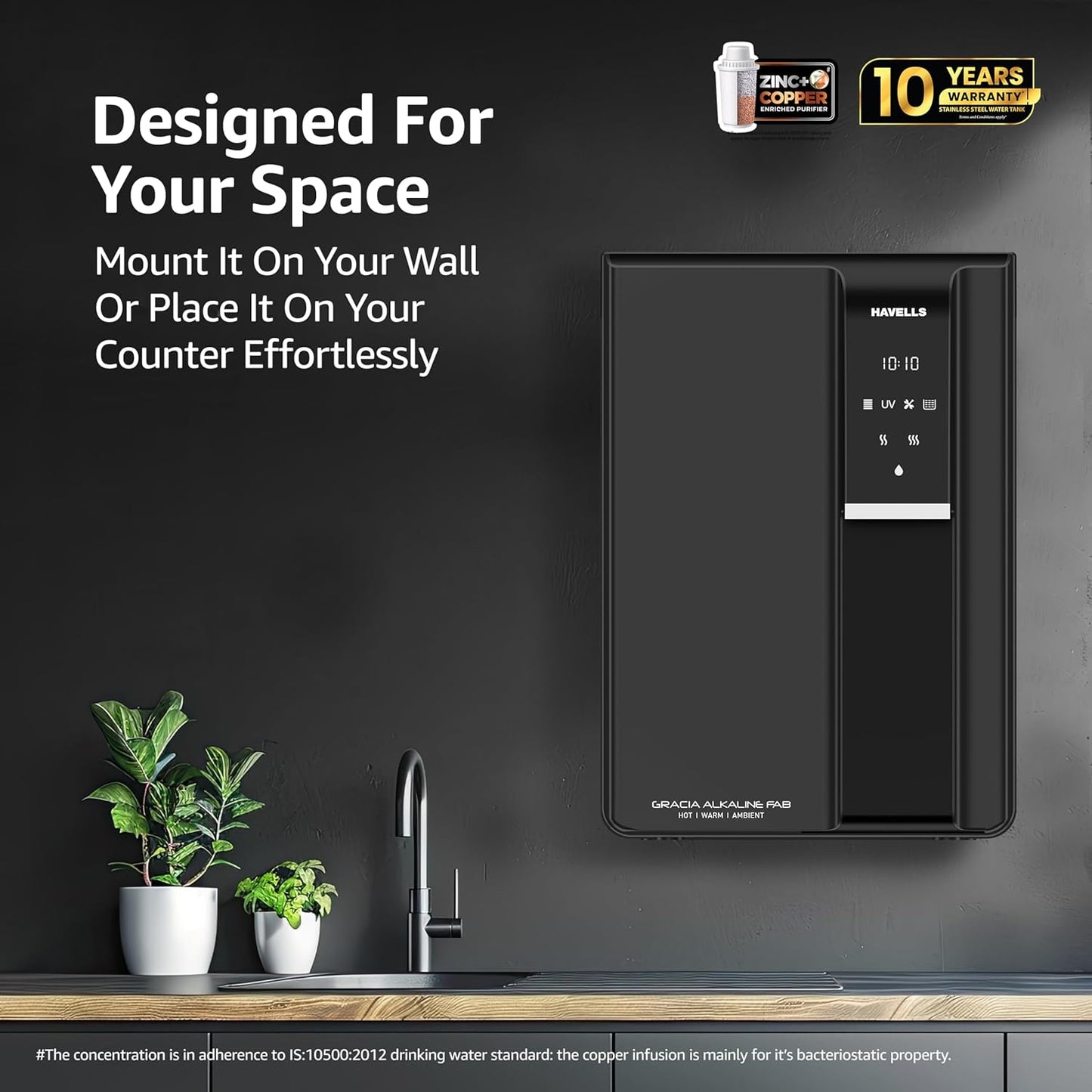 Havells Gracia FAB Alkaline Water Purifier (Black), RO+UV+Alkaline, Hot, Warm & Ambient Water, Copper+Zinc+Minerals, 9 Stage Purification, 6.5L SS Tank, Suitable for Borewell, Tanker & Municipal Water