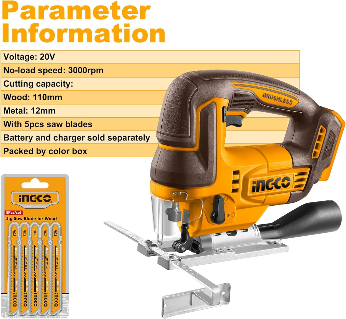 INGCO 20V Cordless Jig Saw (Body Only), Brushless Motor, 3000RPM with 5Pcs Saw Blades CJSLI1008