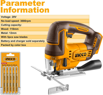 INGCO 20V Cordless Jig Saw (Body Only), Brushless Motor, 3000RPM with 5Pcs Saw Blades CJSLI1008