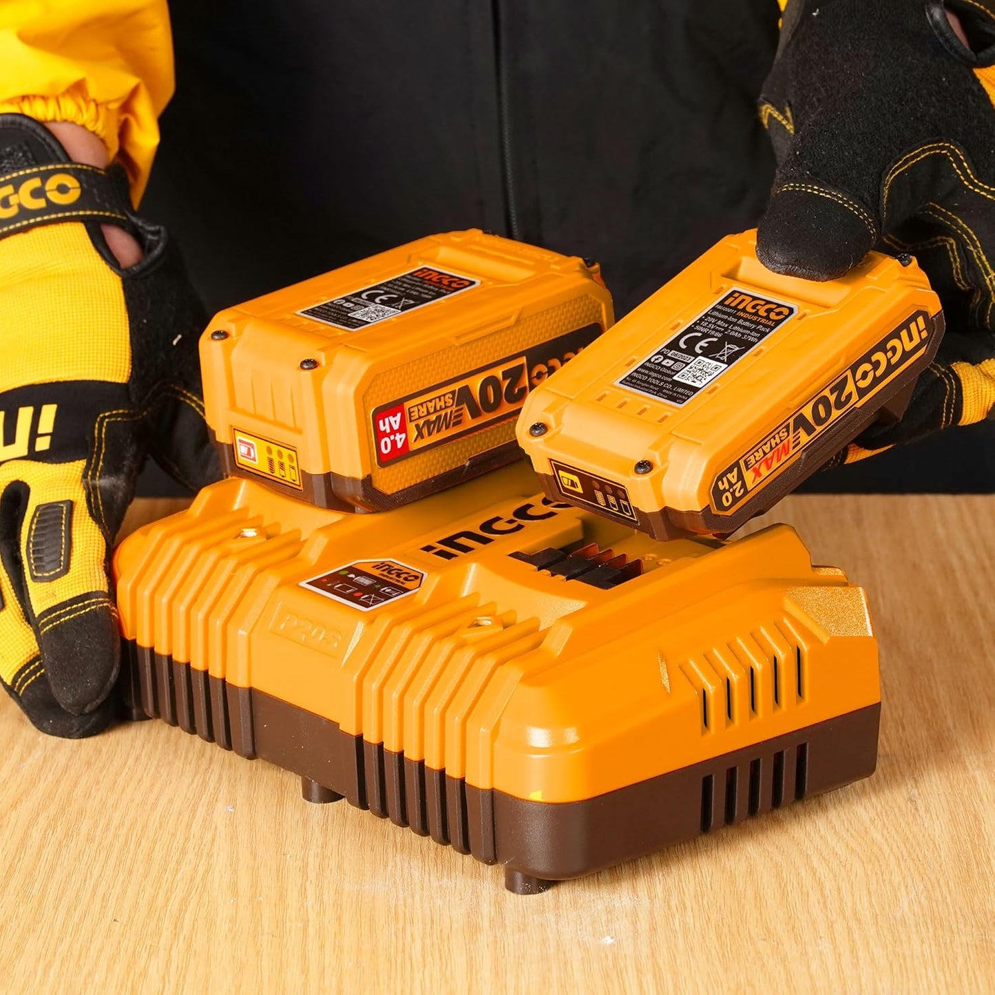 INGCO 20V Battery Charger, Accepts up to 2pcs P20S Battery Packs, Dual Active Battery Ports for simultaneously Charging