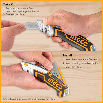 INGCO Box Cutter, Utility Knife, INGCO Pocket Knife retractable with 5 blades, Lock-Back Design, and Lightweight Aluminum Design