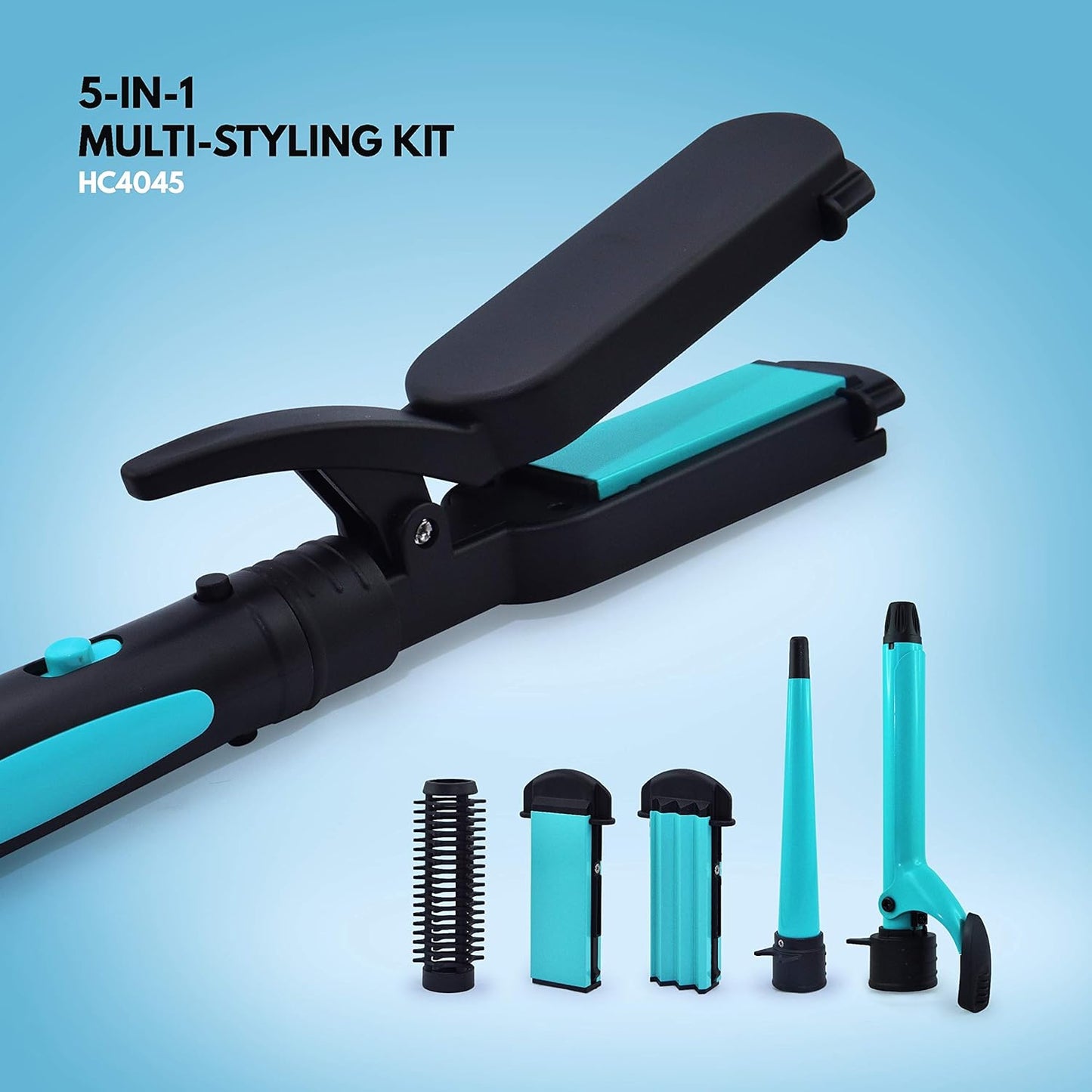 Havells 5-in-1 Multi Styling Kit - Straightener, Curler, Crimper, Conical Curler & Volume Brush | For Multiple Hair Styles | 2 Years Guarantee | Blue/Black | HC4045