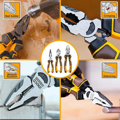 INGCO 3 Pcs High Leverage Pliers Set, Cr-V, 8" Combination Plier, 7" Diagonal Cutting Plier, 6" Long Nose Plier, Saving 30% Strength