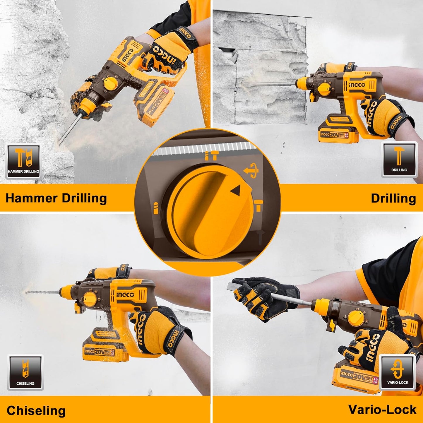 INGCO 20V Lithium-Ion SDS-Plus Rotary Hammer Drill (Body Only) with Brushless Motor, 4IN1 Function Adjust Knob, 2.0J, 5400BPM, 1100RPM, 3Pcs Drill Bits and 1Pcs Chisel CRHLI20208
